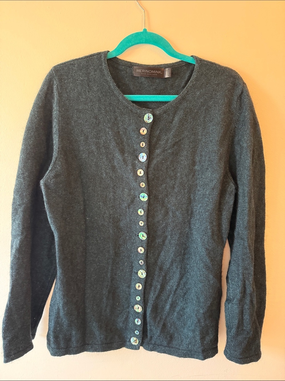 Merinomink Heathered Teal Button-Up Cardigan XL flaw